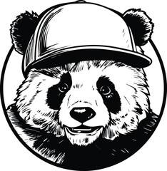 Panda In Baseball Cap Logo Monochrome Design Style