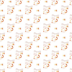 Seamless pattern with cute cat asking to play with him. Doodle color vector illustration.