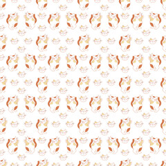 Seamless pattern with a cute cat, which asks for hands and a cat's muzzle. Doodle color vector illustration.