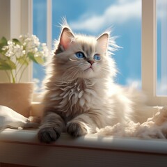 A blue-eyed ragdoll kitten in 3D illustration, lounging lazily on a sunny windowsill ai generate