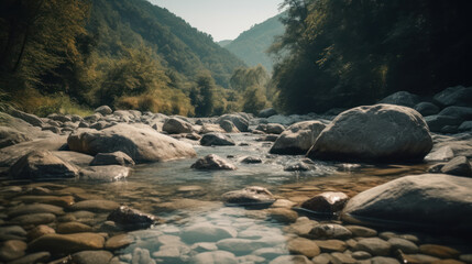 Fototapeta na wymiar Picturesque view of beautiful mountain stream and rocks outdoors.