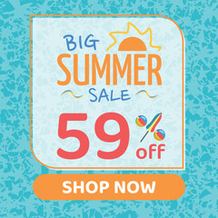 Big Summer Sale 59% off, Orange and Blue, Beach Balls and Beach Umbrella form the Percentage Symbol, Pool Water Background, Shop Now