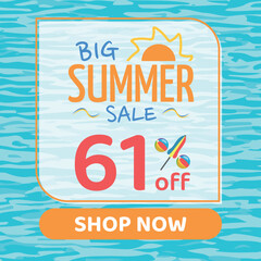 Big Summer Sale 61% off, Orange and Blue, Beach Balls and Beach Umbrella form the Percentage Symbol, Pool Water Background, Shop Now