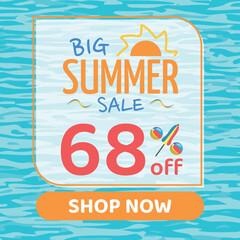 Big Summer Sale 68% off, Orange and Blue, Beach Balls and Beach Umbrella form the Percentage Symbol, Pool Water Background, Shop Now
