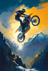 Motorcyclist doing breathtaking stunts against the backdrop of a mountain range. AI Generated