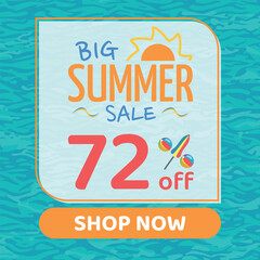 Big Summer Sale 72% off, Orange and Blue, Beach Balls and Beach Umbrella form the Percentage Symbol, Pool Water Background, Shop Now