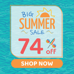 Big Summer Sale 74% off, Orange and Blue, Beach Balls and Beach Umbrella form the Percentage Symbol, Pool Water Background, Shop Now