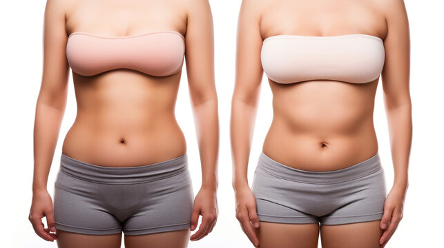 Two shots of a woman's belly with excess fat and toned slim stomach with abs before and after losing weight isolated on a white background. Generated Ai