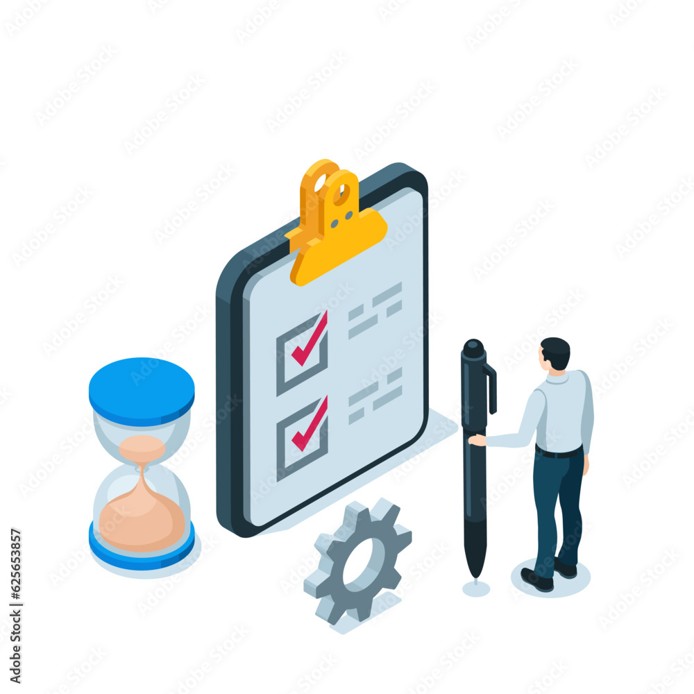 Poster a man with a pen near a clipboard with checkmarks in color on a white background, filling out a test