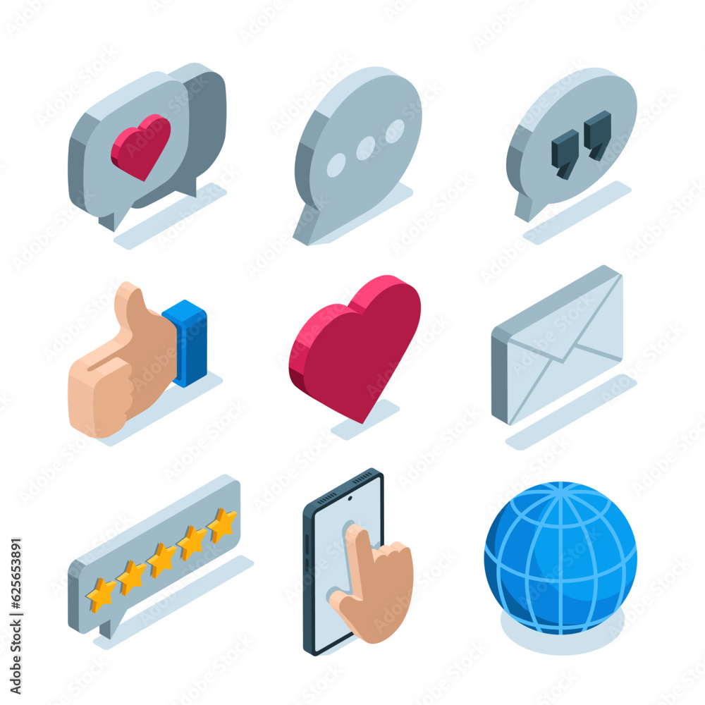 Poster isometric set of icons communication in social networks in color on a white background, likes and me