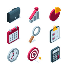 isometric set of business icons in color on a white background, business analytics and success