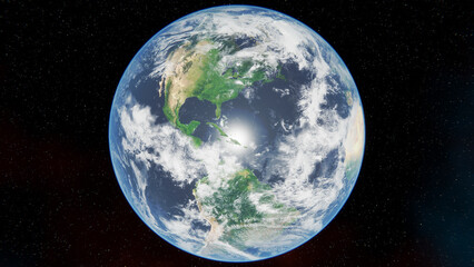 Earth view from space. Day time. North America. South America. 4K illustration realistic atmosphere. Clouds from space.
