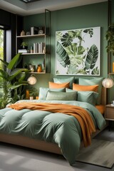 Bedroom decorated with a bed, curtains and plant, in the style of light green and orange, environmentally inspired. Generative AI