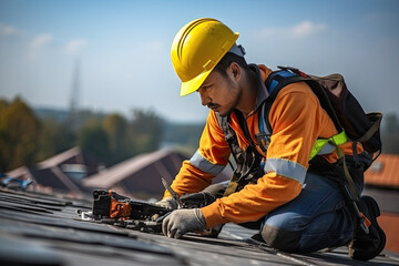 Construction worker wearing safety harness belt during working on roof structure of building on construction site - obrazy, fototapety, plakaty