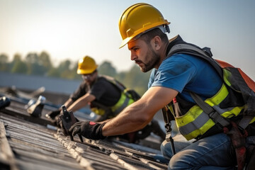 Construction worker wearing safety harness belt during working on roof structure of building on construction site - obrazy, fototapety, plakaty