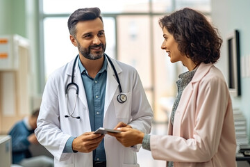 Indian male doctor consulting senior old patient filling form at consultation. Professional physician wearing white coat talking to mature woman signing medical paper at appointment visit in clinic.