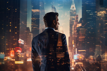Business man with suit standing in grace pose and looking cityscape background. Successful businessman concept. Double exposure sunset or sunrise effect. Generative AI