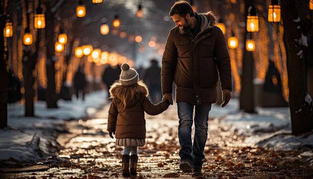 father and daughter take a walk in the land of happiness in winter