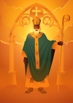 Religion vector illustration series, Saint Patrick the Irish apostle holding his staff