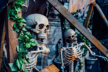Outdoor Decor for Halloween. skeletons climbing out of the different wooden rubble. Halloween...