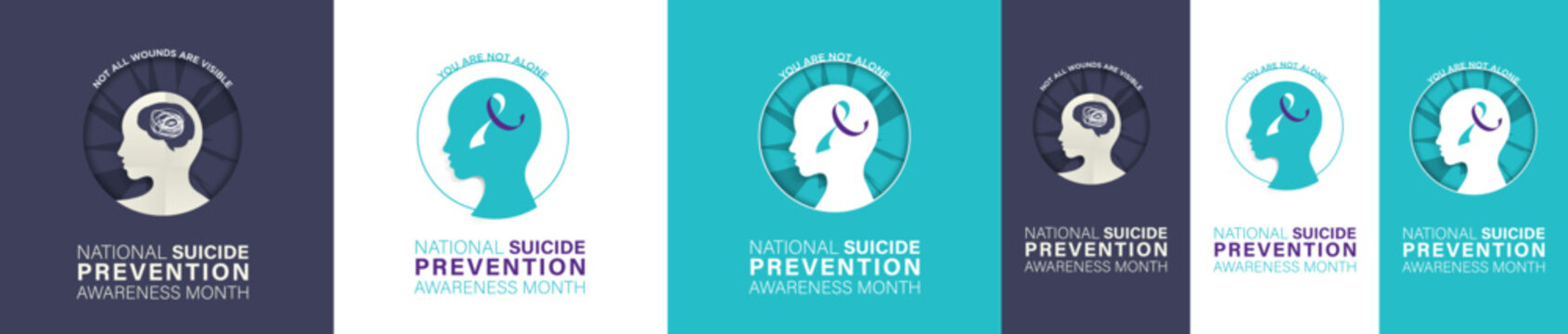 Set of National Suicide Prevention Awareness Month Greeting Cards and Story posters. Head and awareness ribbon concept. Editable Vector Illustration. EPS 10.