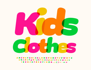 Vector bright logo Kids Clothes with watercolor cute Font. Trendy Alphabet Letters, Numbers and Symbols set