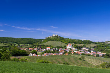 Falkenstein ruins and town with vineyard, Lower Austria, Austria