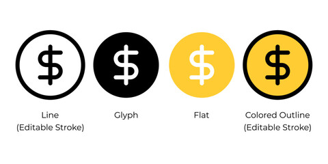 USD sign, United States Dollar, American dollar currency symbol vector icon set for website design, app, ui, isolated on white background. Vector illustration.