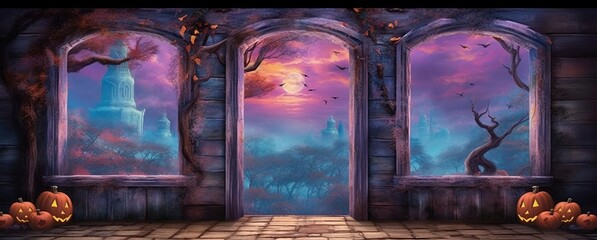 Halloween castle windows and doorway, generative ai