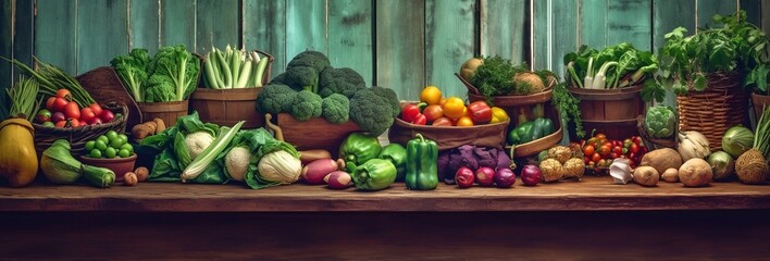 Harvest vegetables on rustic wooden background, generative ai
