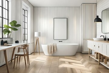 Fototapeta na wymiar Poster frame mockup in white cozy bathroom interior background. Generative AI