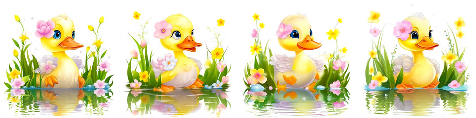 With adorable cute happy duck Dreamy eyes make the duck even more adorable Duck swims in a crystal clear pond with beautiful pink and yellow flowers, Clip art style with white background