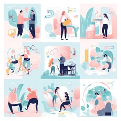 Business Concept illustrations. Collection of scenes with men and women taking part in business activities.Business Strategy research,Business icons.illustrations