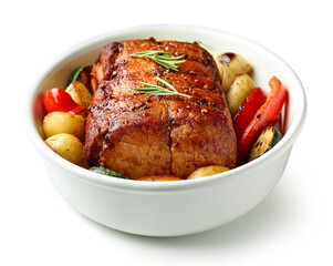 bowl of whole roast pork and vegetables