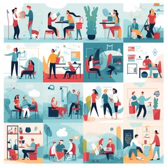Business Concept illustrations. Collection of scenes with men and women taking part in business activities.Business Strategy research,Business icons.illustrations