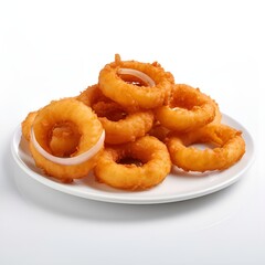 Fried summertime onion rings on a plate isolated on a white background