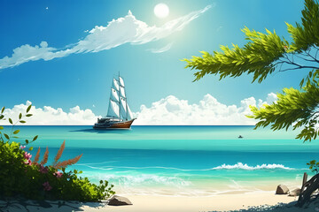 Summer Vibe Beach With Yacht  Sunny Blue Cloud Background