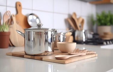 Fototapeta na wymiar Cooking utensil on kitchen table, generative ai