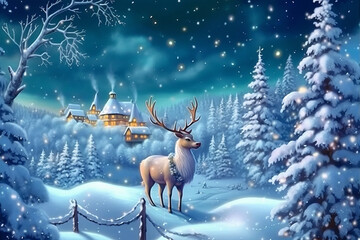 Christmas card - a majestic deer in a serene snowy landscape