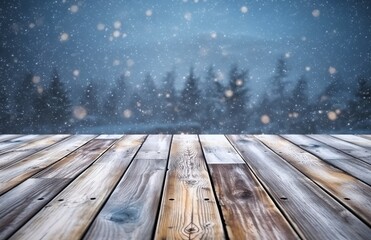 Winter background with snowfall and wooden flooring