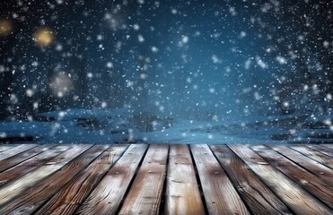 Naklejka na ściany i meble Winter background with snowfall and wooden flooring