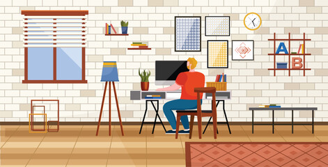 Home office. Interior vector illustration. Work from home. Room layout optimizes natural light for pleasant working environment Home office provides quiet retreat for focused and uninterrupted work