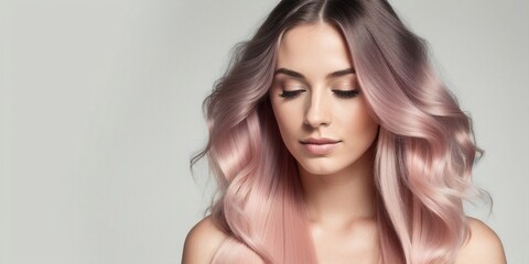 Naklejka premium Beauty pink haired woman with shiny hair, generative ai