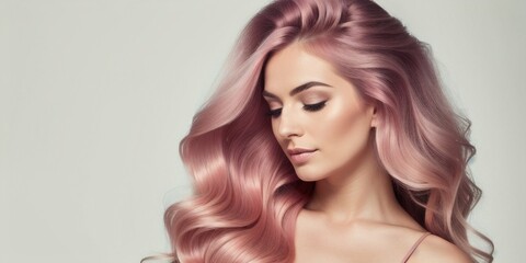 Naklejka premium Beauty pink haired woman with shiny hair, generative ai