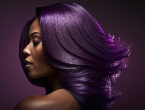 Beautiful Black Woman With Shiny Purple Hair, Generative Ai