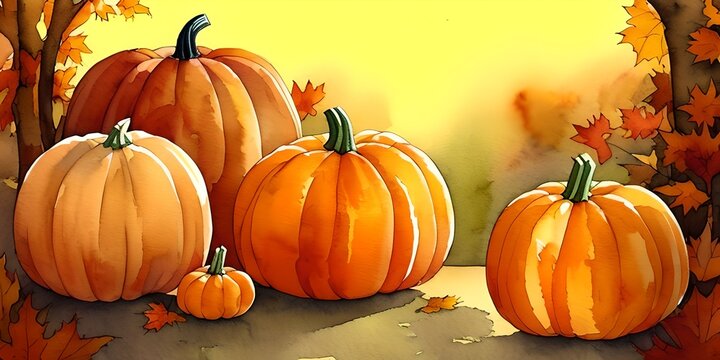 Autumn pumpkins watercolor, generative ai