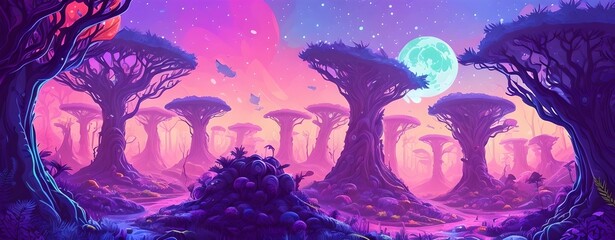 Alien forest game background, generative ai