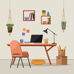 Home office. Interior vector illustration. Work from home. Office space reflects professionalism and dedicated work ethic Flat interior design emphasizes comfort and functionality in home office
