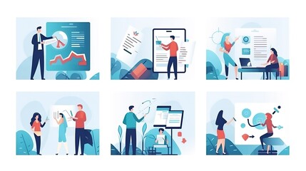 Business Concept illustrations. Collection of scenes with men and women taking part in business activities.Business Strategy research,Business icons.illustrations