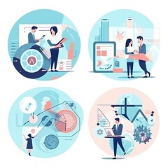 Business Concept illustrations. Collection of scenes with men and women taking part in business activities.Business Strategy research,Business icons.illustrations